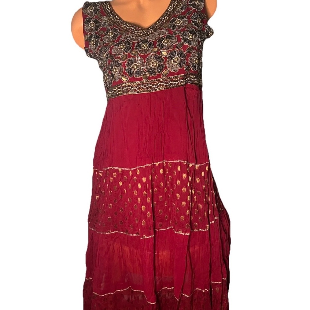 Chic Burgundy Heavily Beaded Gold Midi Dress L Bohemian Made in India